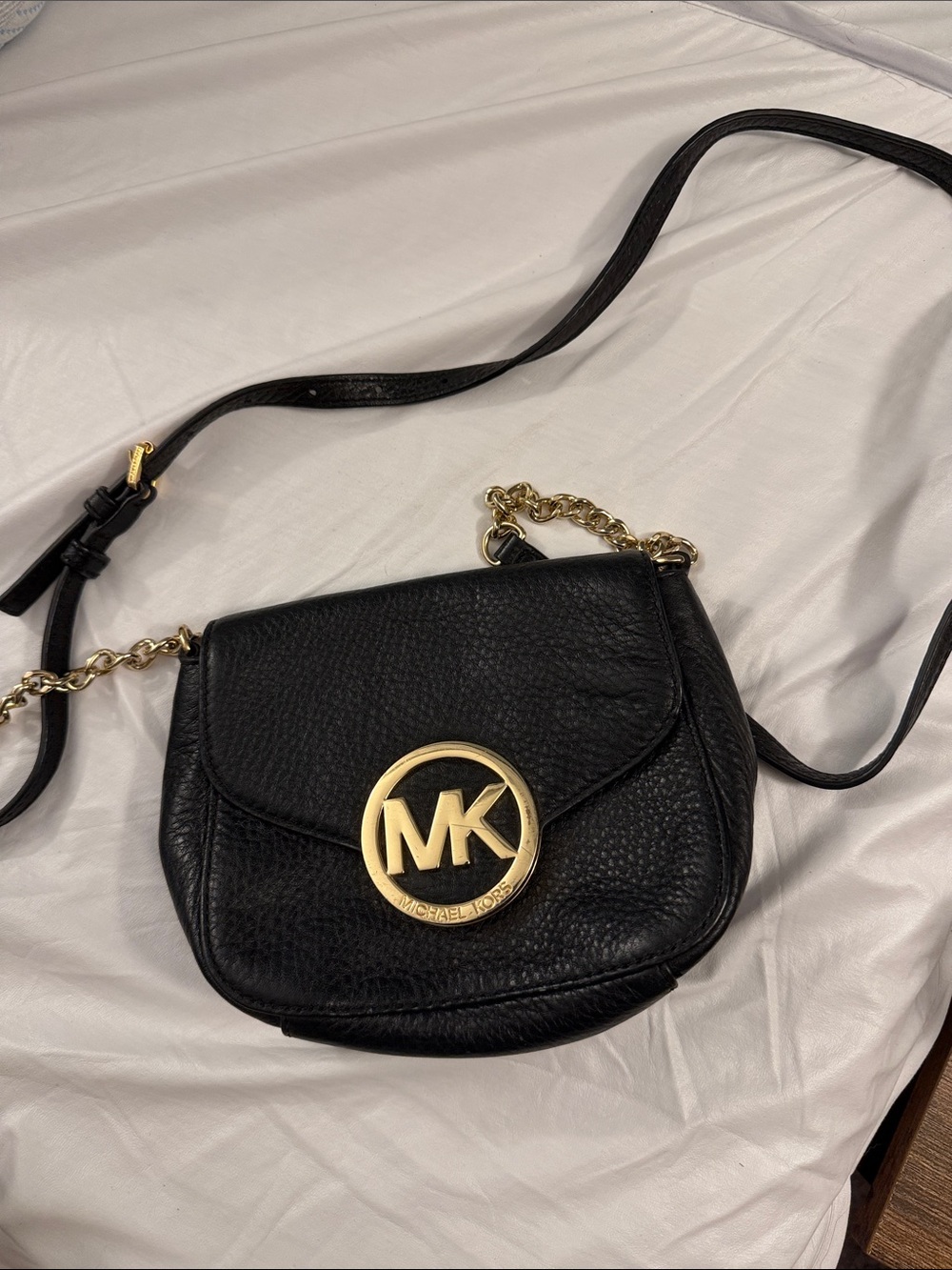 Michael Kors Black Leather Crossbody with Gold MK Emblem